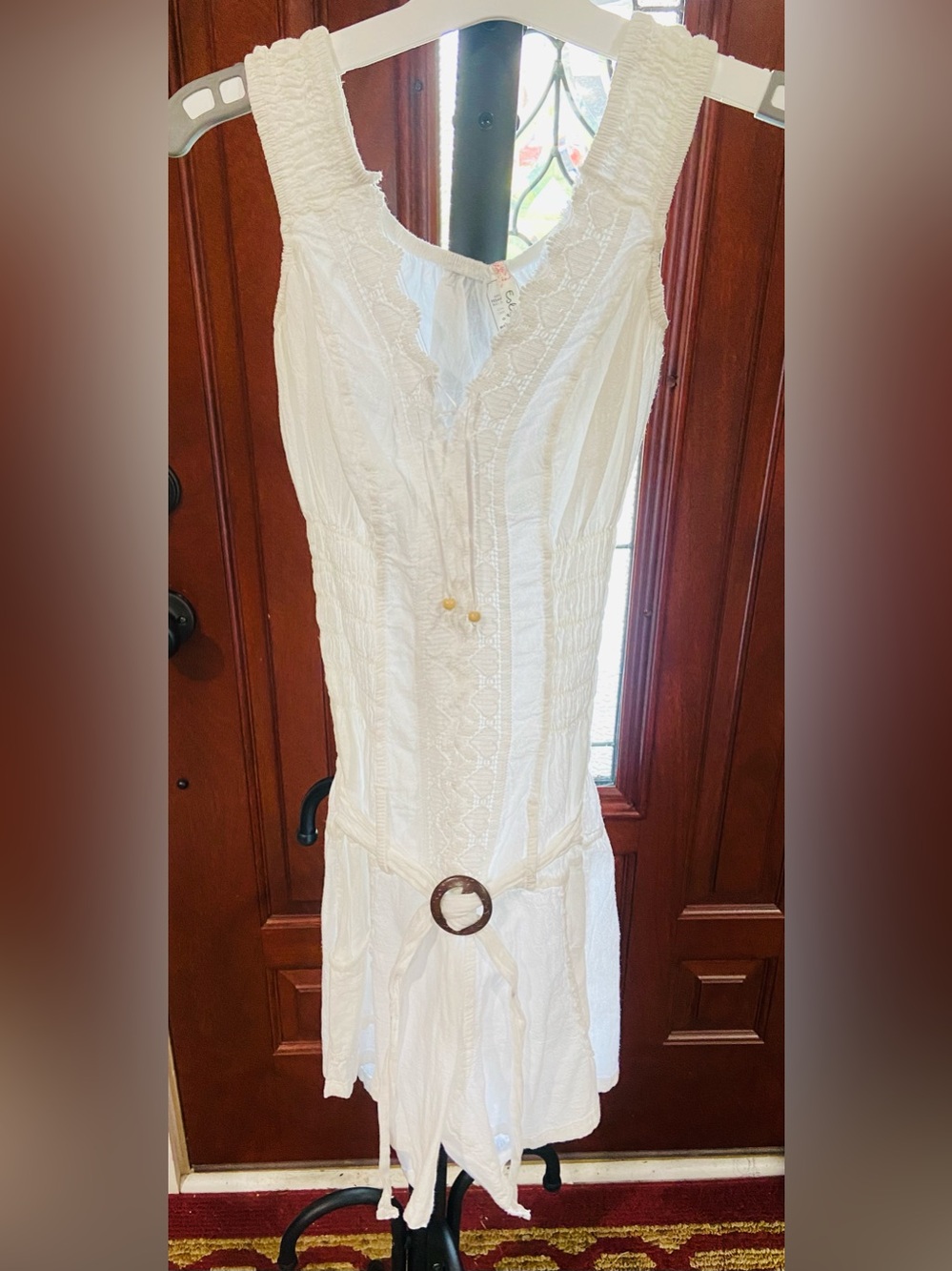 White Sleeveless Smocked Romper with Braided Belt